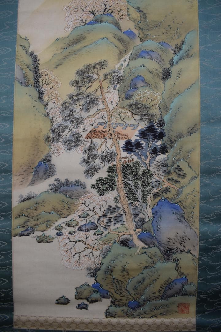 作者不詳/桜花山水画賛/掛軸☆宝船☆Z-380