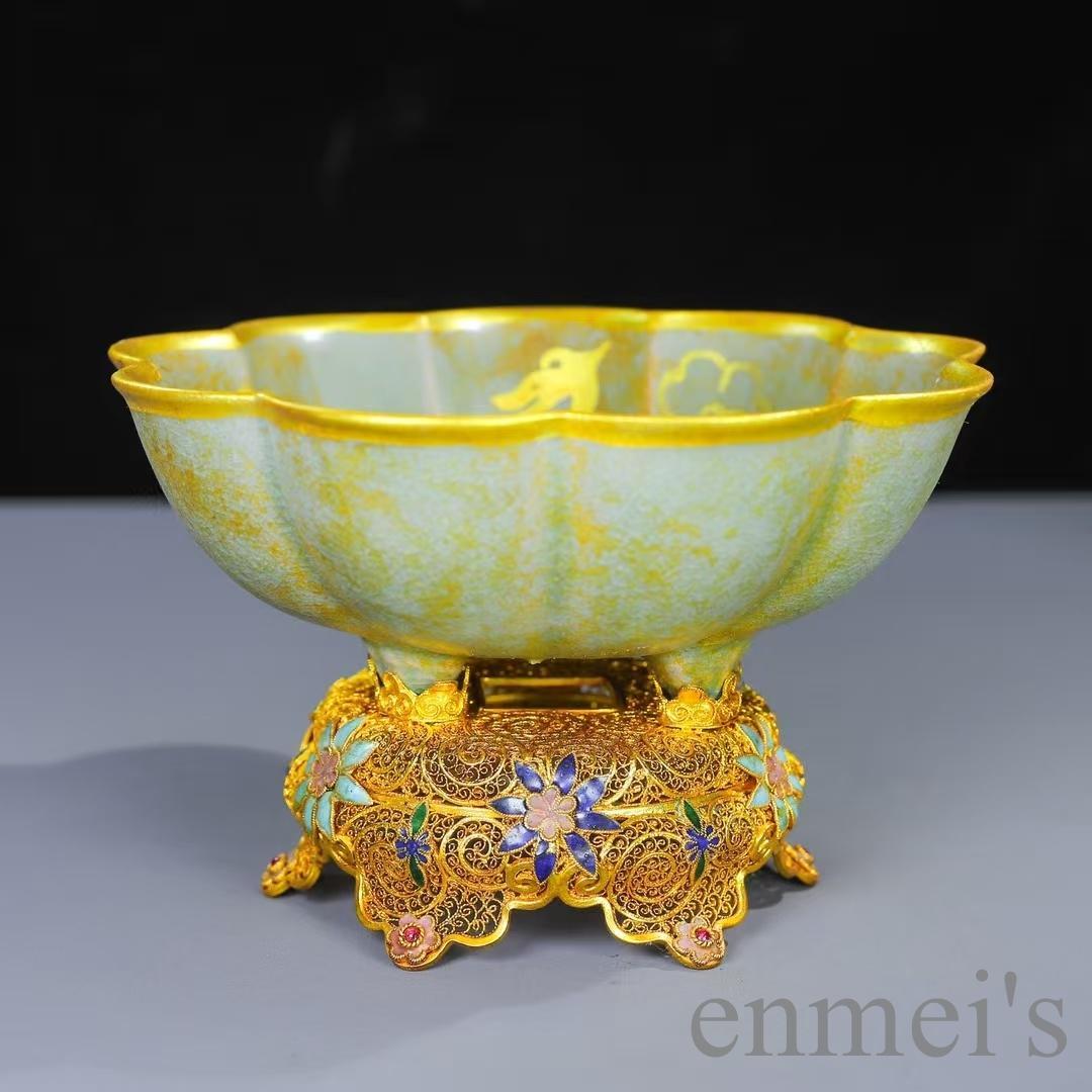 中国古美術 掐絲七宝 黄緑色 八弁花形茶碗 鍍金供盤 純銅製 仏具 供物器 茶具