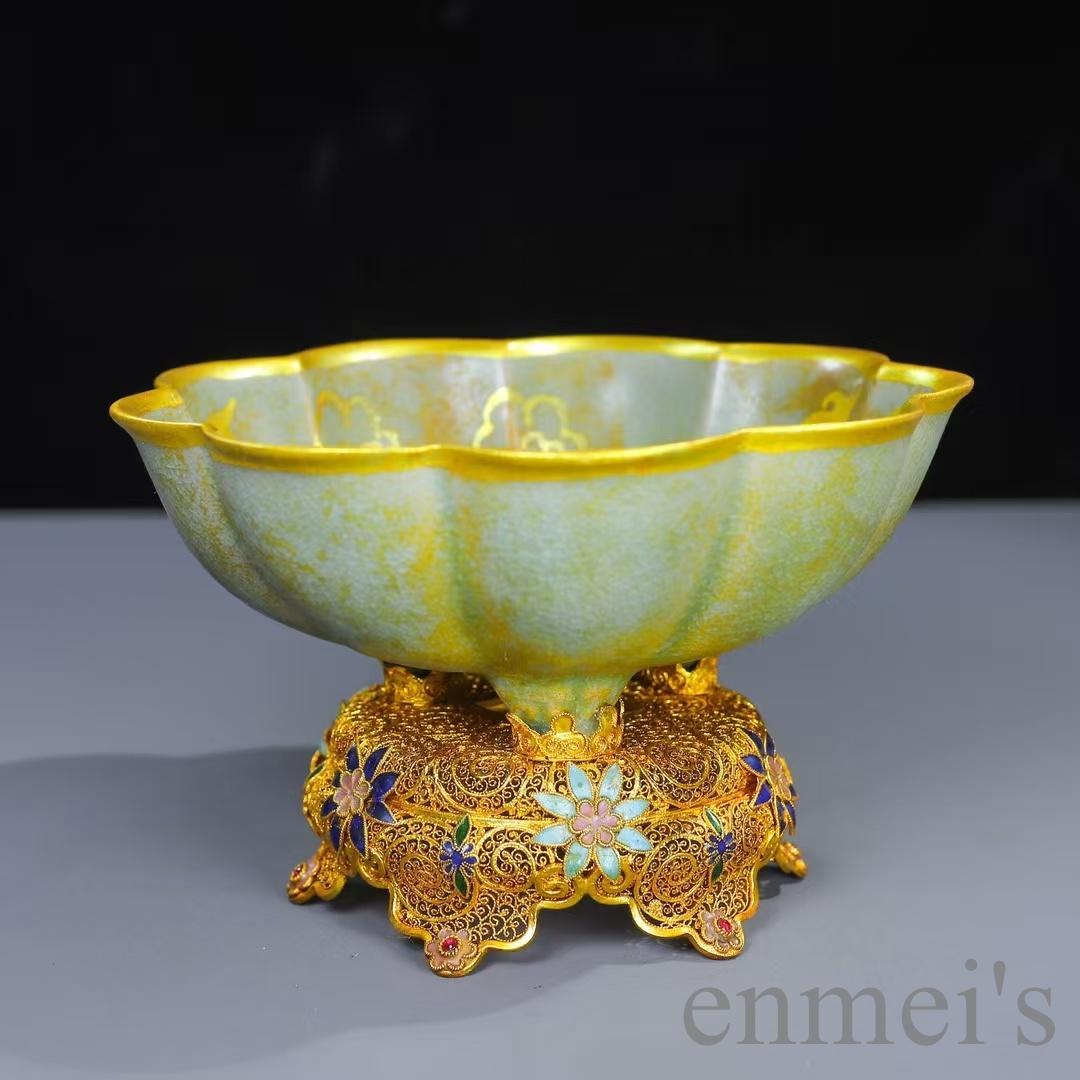 中国古美術 掐絲七宝 黄緑色 八弁花形茶碗 鍍金供盤 純銅製 仏具 供物器 茶具