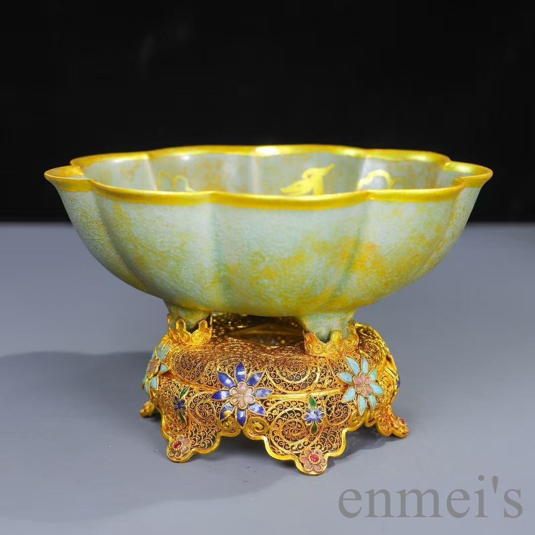 中国古美術 掐絲七宝 黄緑色 八弁花形茶碗 鍍金供盤 純銅製 仏具 供物器 茶具