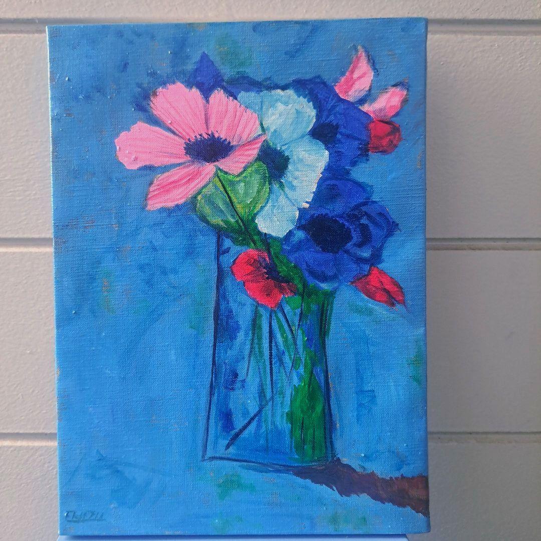 キャンバス油絵　専用　青い背景のコップに入れた野のお花　抽象静物画