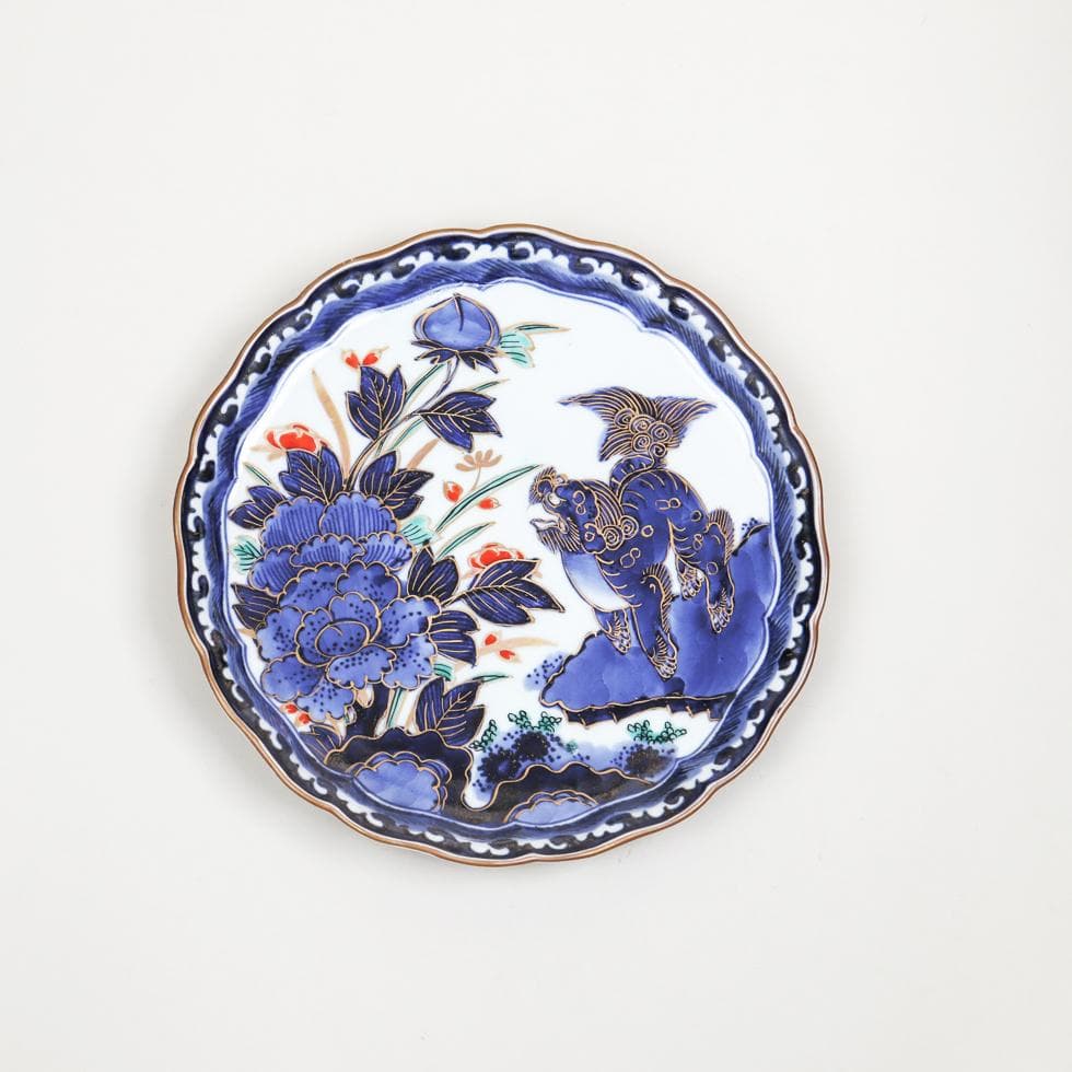 古伊万里 大明成化年製 唐獅子牡丹 飾皿 22cm 収納箱付