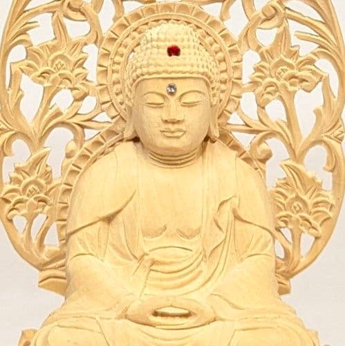 【ゲリラセール・新品】 釈迦如来座像　黄楊　総高さ約15.5㎝　丸形台座付　釈迦