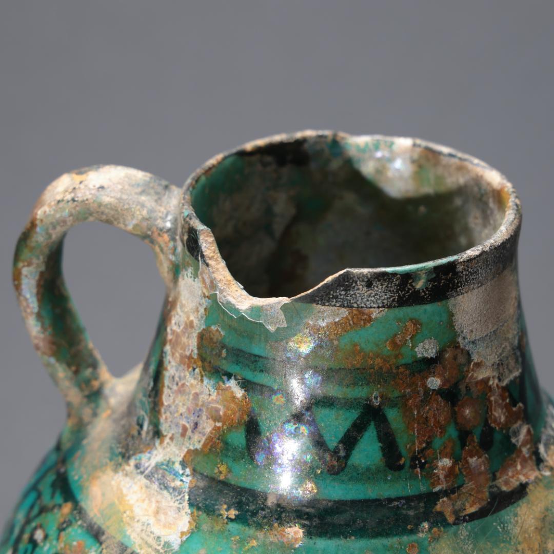 ペルシャ 青釉黒彩手つき水注 　イラン　アンティーク　R1182て