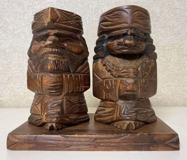 縁起物 天然木 アイヌ木彫置物(台座付)ニポポ人形 北海道 昭和レトロ