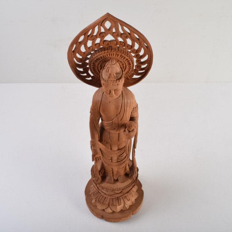 仏教美術　木彫　観音菩薩立像　仏像　置物　在銘　高さ約46cm　V　8764