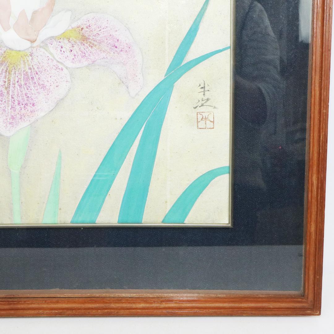 真作 豊秋半次 「菖蒲」日本画 6号 共シール