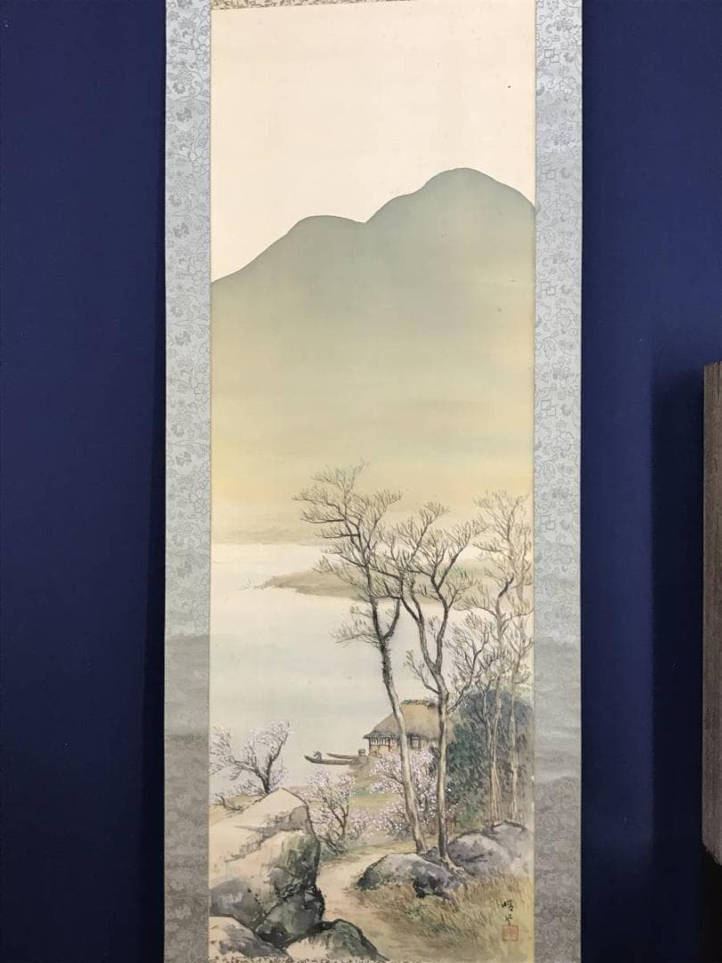 【真作】関晴風/山湖春景図/湖畔漁舟図/山水図/掛軸/名家伝来/AD-371