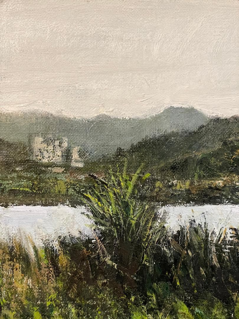 「真作」真殿靖「水郷(安土八幡)」風景画　油彩画　額装　サイン有り　P20号