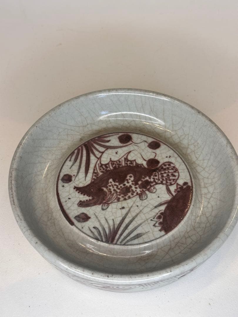 明代　釉裏紅　魚文　「天」字底款　時代物　胎厚　盤　筆洗　古陶磁