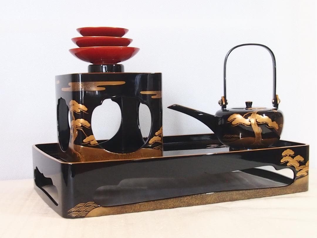 【高級・良品】輪島塗 五島屋謹製 光甫作 松島蒔絵 屠蘇器 三つ揃 山水蒔絵