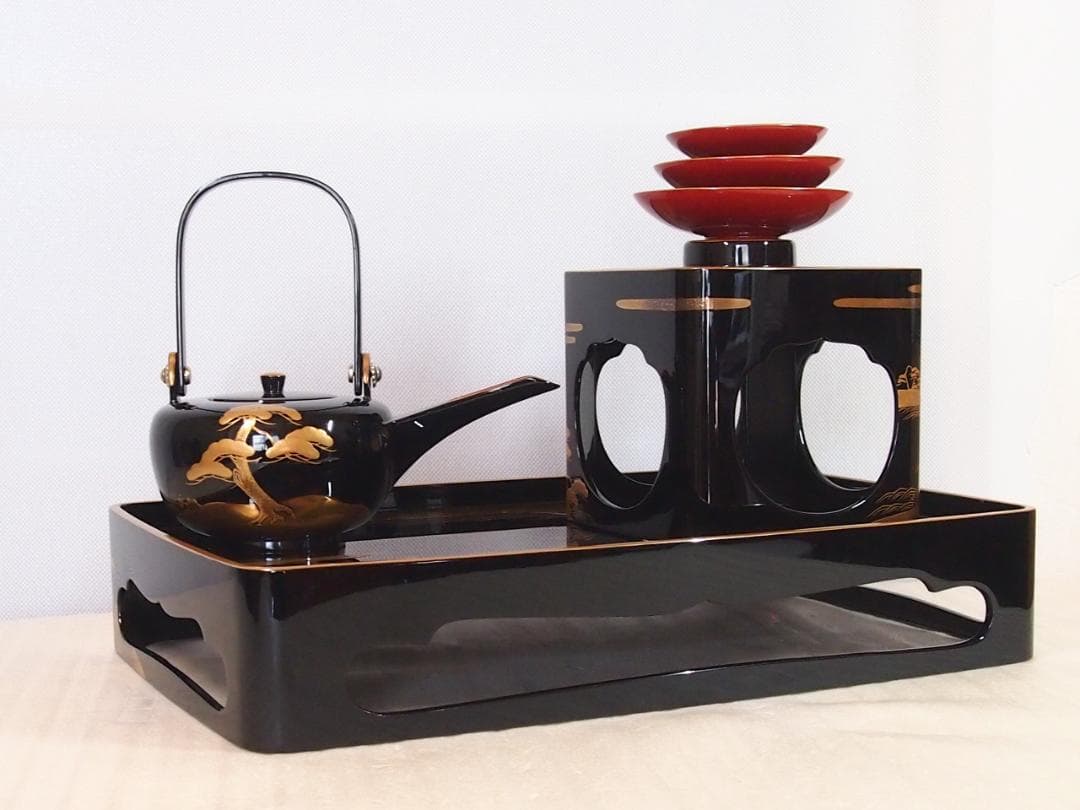 【高級・良品】輪島塗 五島屋謹製 光甫作 松島蒔絵 屠蘇器 三つ揃 山水蒔絵