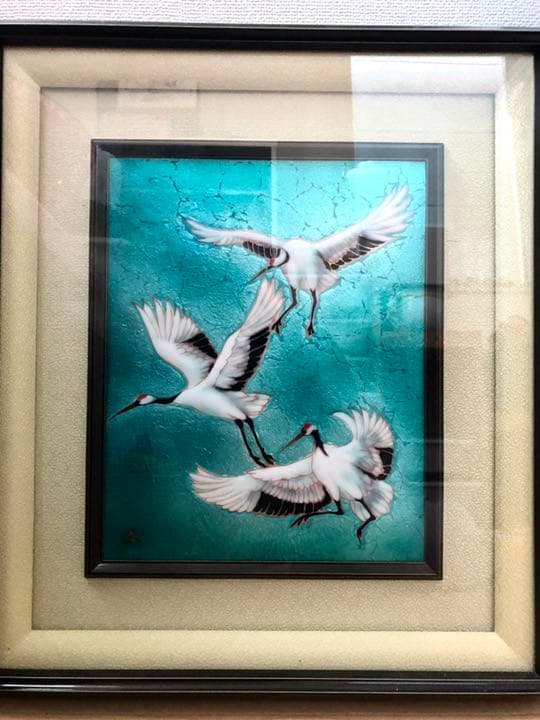 吉田武　七宝焼　額縁　鶴　飛翔 舞鶴　七宝画