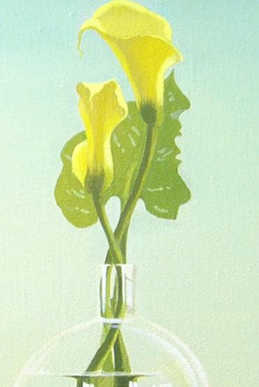 絵画　田浦信勝  肉筆油絵 静物画 黄色いカラー テーブルクロス