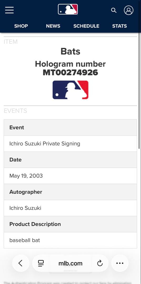 【直筆】イチロー（2003年）サイン入りバット『MLB公式ホログラム付』