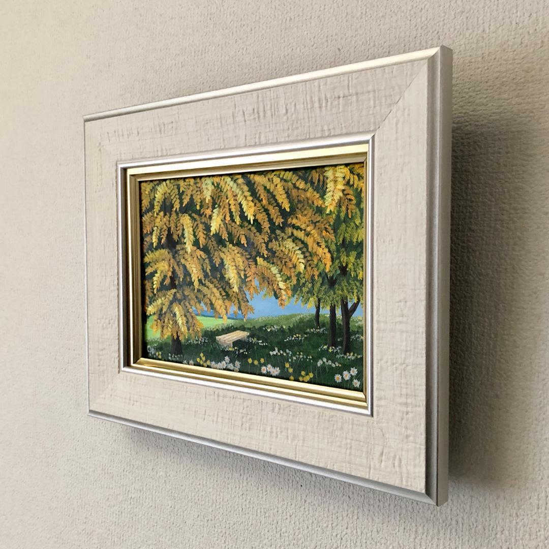 アクリル画　原画　「ミモザの下で03」額縁付　SMサイズ　キャンバス