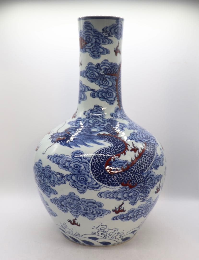 中国　青華釉裏紅　龍紋大瓶　大清康熙年製銘　高さ48cm 送料込み260124