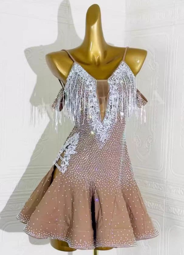 オーダーメイド 社交ダンス衣装 オールストーン フリンジ ベージュ