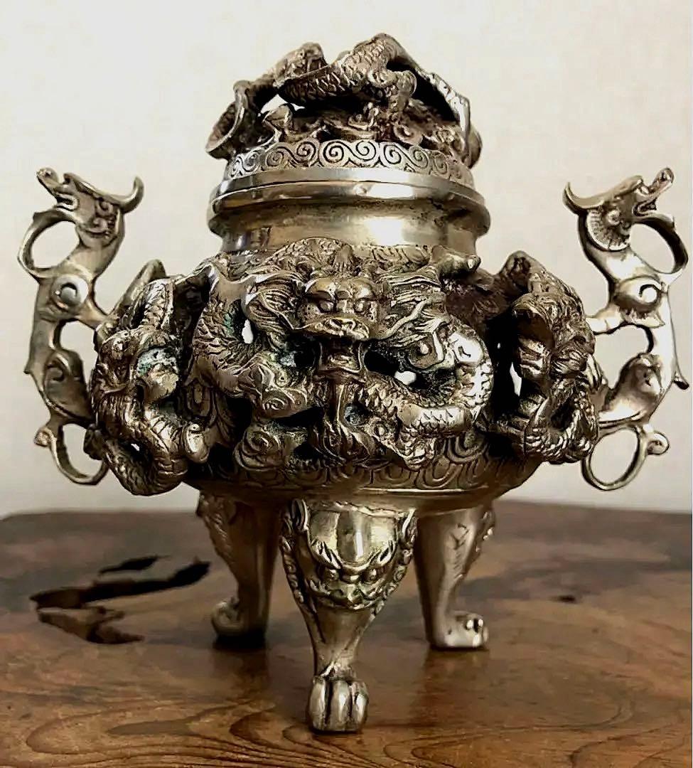 中国美術 乾隆年製 三脚 香呂 白銅 多龍紋刻