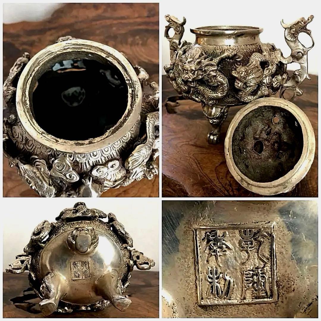 中国美術 乾隆年製 三脚 香呂 白銅 多龍紋刻