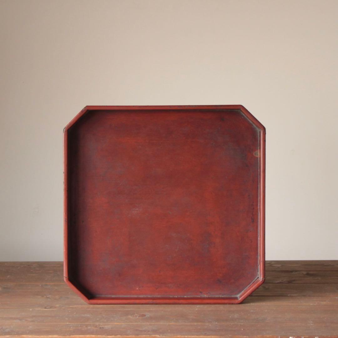 隅切 折敷 朱塗り盆 No.2 古美術 古道具 アンティーク 盆 折敷盆