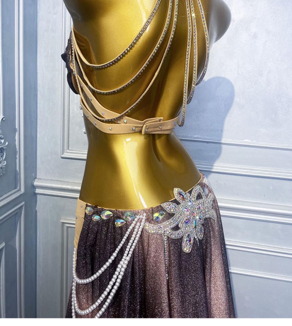 新品未使用 ベリーダンス衣装 高級舞台用 青色 ロングスカートセット M L