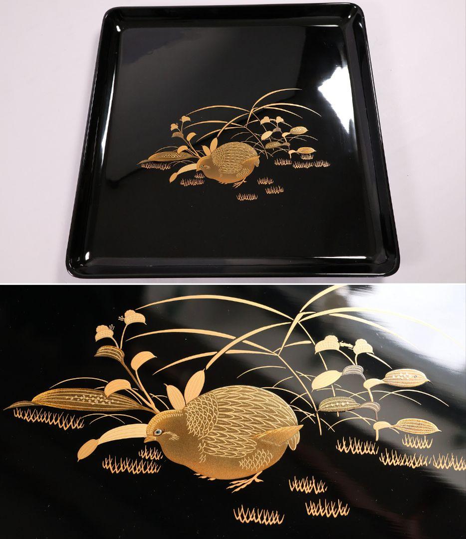 【MB204】天然木漆塗 花鳥絵替金蒔絵 黒塗卓上膳十客 四方膳 36.3cｍ