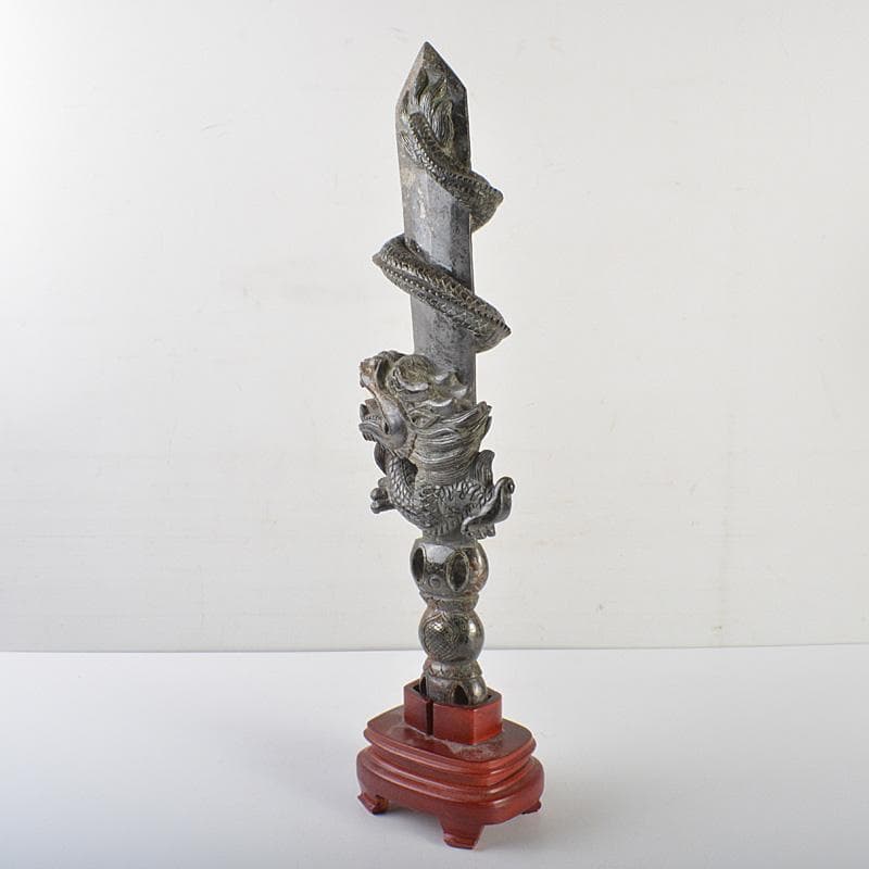 玉石彫刻　龍神　具利伽羅大龍　不動明王　約2kg　唐木台付　V　R7519