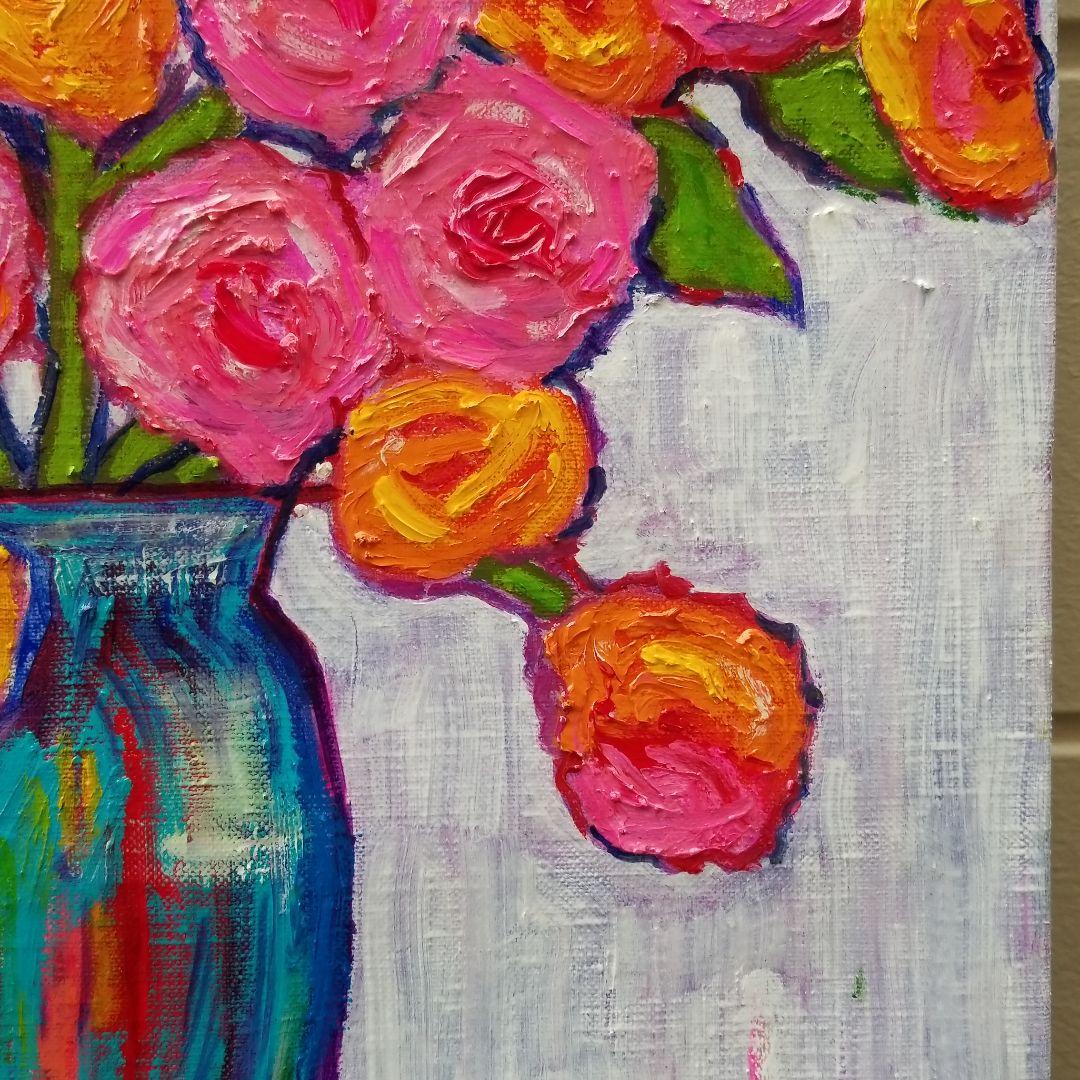 油絵　よっこ確認　ピンクとオレンジ色の花を差した花瓶