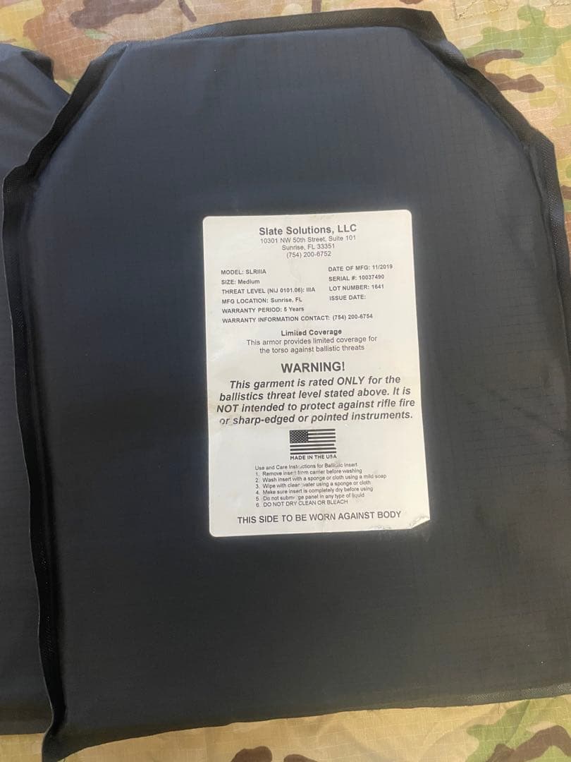 実物 防弾ソフトアーマープレート NIJ IIIA Medium 米国製M187