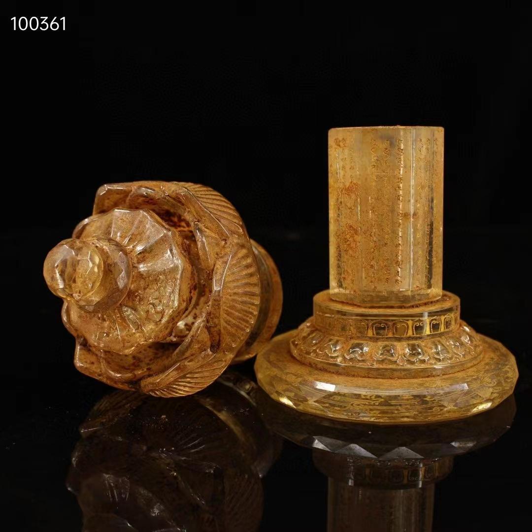 中国古美術・古水晶彫り・純手彫り経文銘文 ≪蓮花舎利塔≫・仏舎利塔・仏陀・舎利