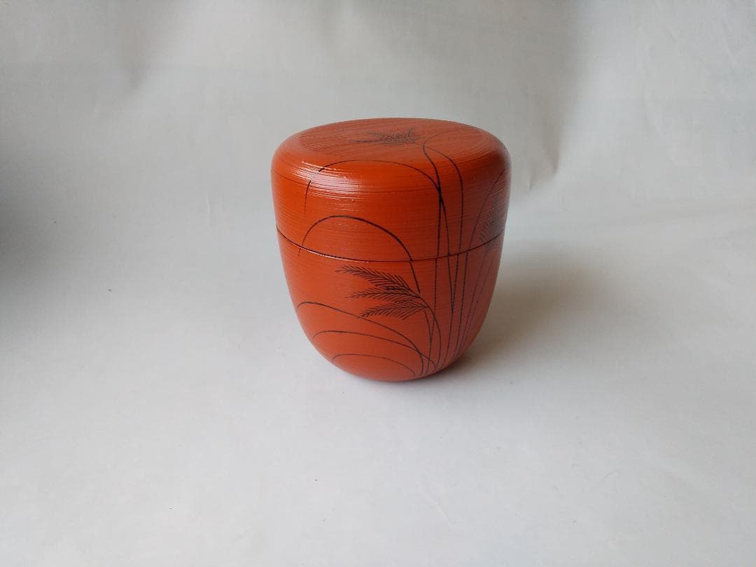 山中塗 蒔絵師 筑城筑良 作 朱刷毛目 ススキ 中棗 漆器 漆芸 棗 共箱 新品