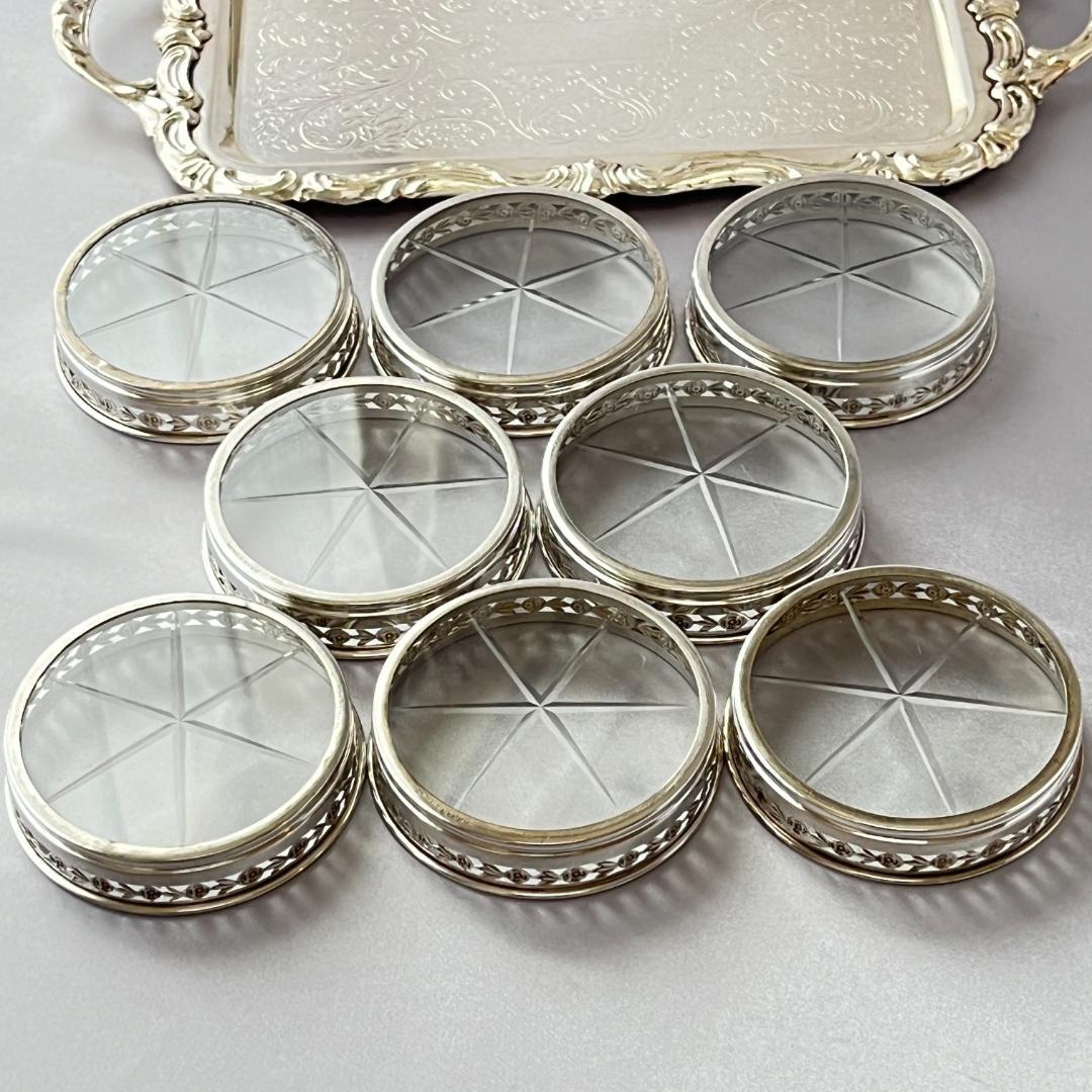 【BIRKS】 【純銀/ガラス】フローラルのコースター 8枚 スターリング