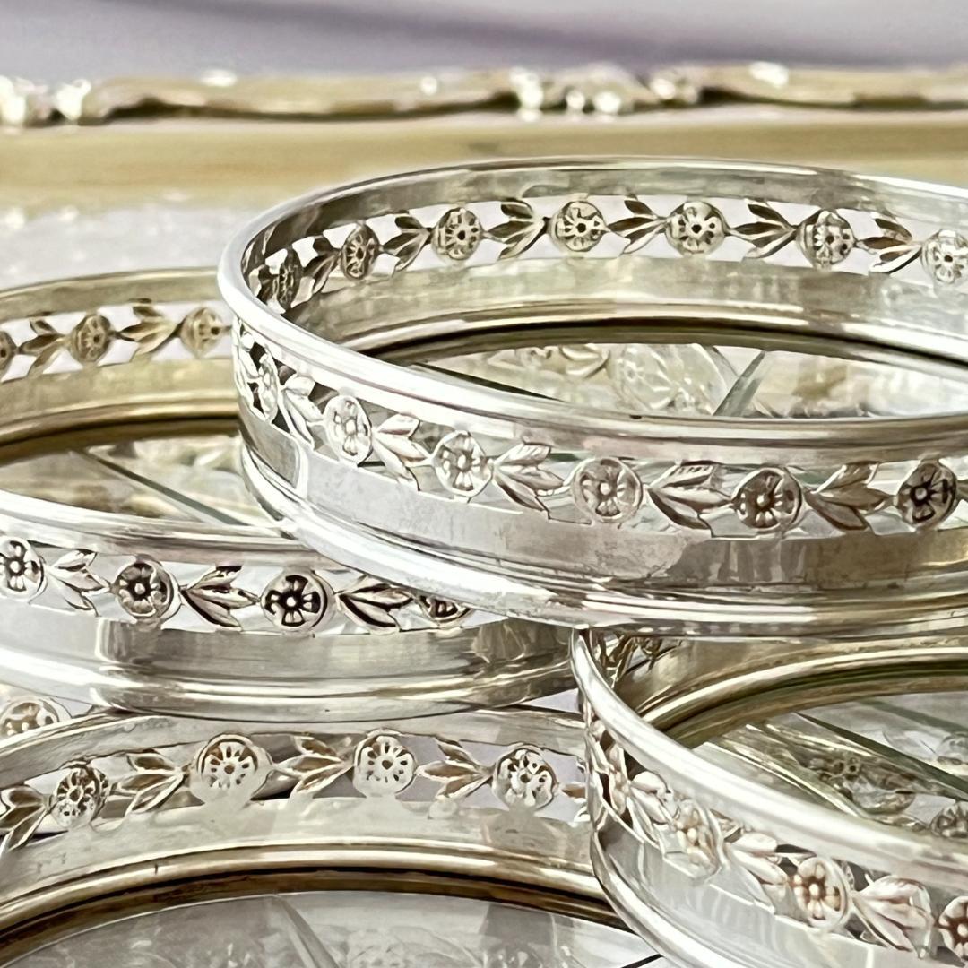 【BIRKS】 【純銀/ガラス】フローラルのコースター 8枚 スターリング