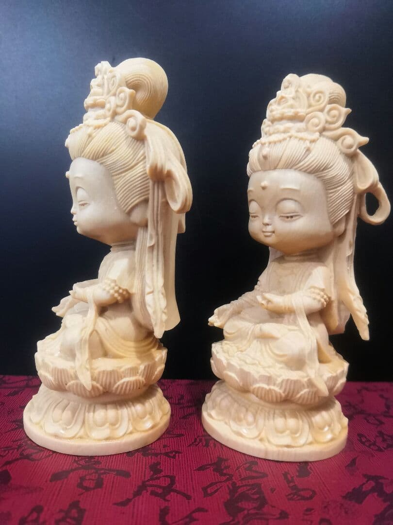 【修縁堂】彫刻仏像 2点セット Q版観音 観音菩薩 観音像 置物 木彫 開運風水