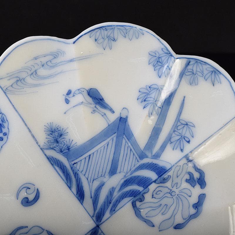 瀬戸焼　松籟園製　染付　花鳥文　扇面皿　V　R9526