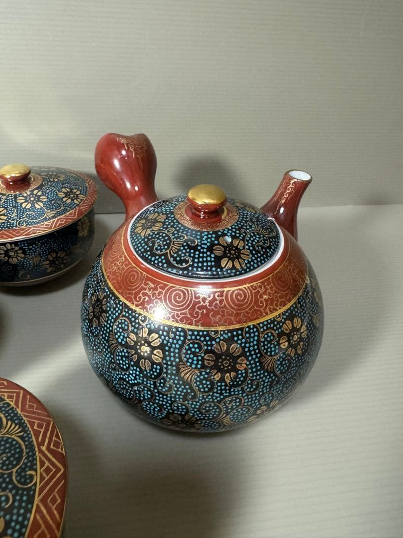 2086 九谷焼　青粒　茶器セット　急須1客　湯呑蓋付5客　金彩