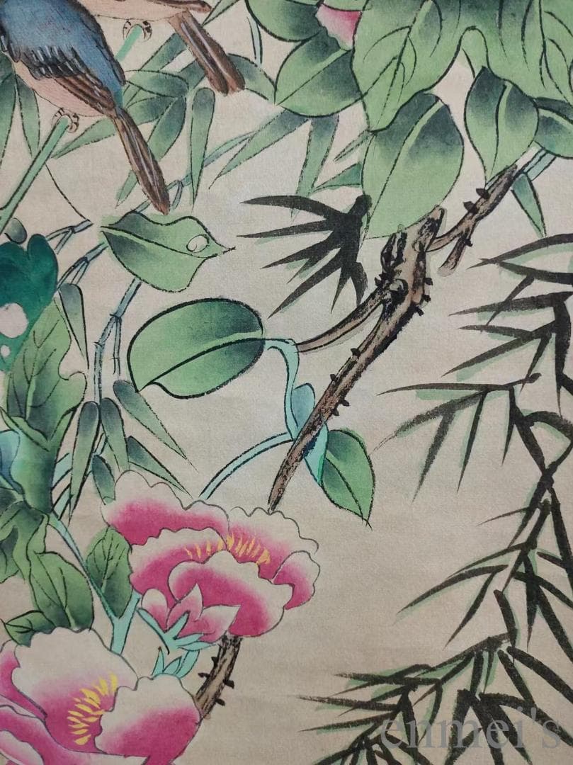 中国古美術.近代.孔小瑜款.花鳥図.宣紙.三尺手描き.水墨画.掛け軸.唐物.文房