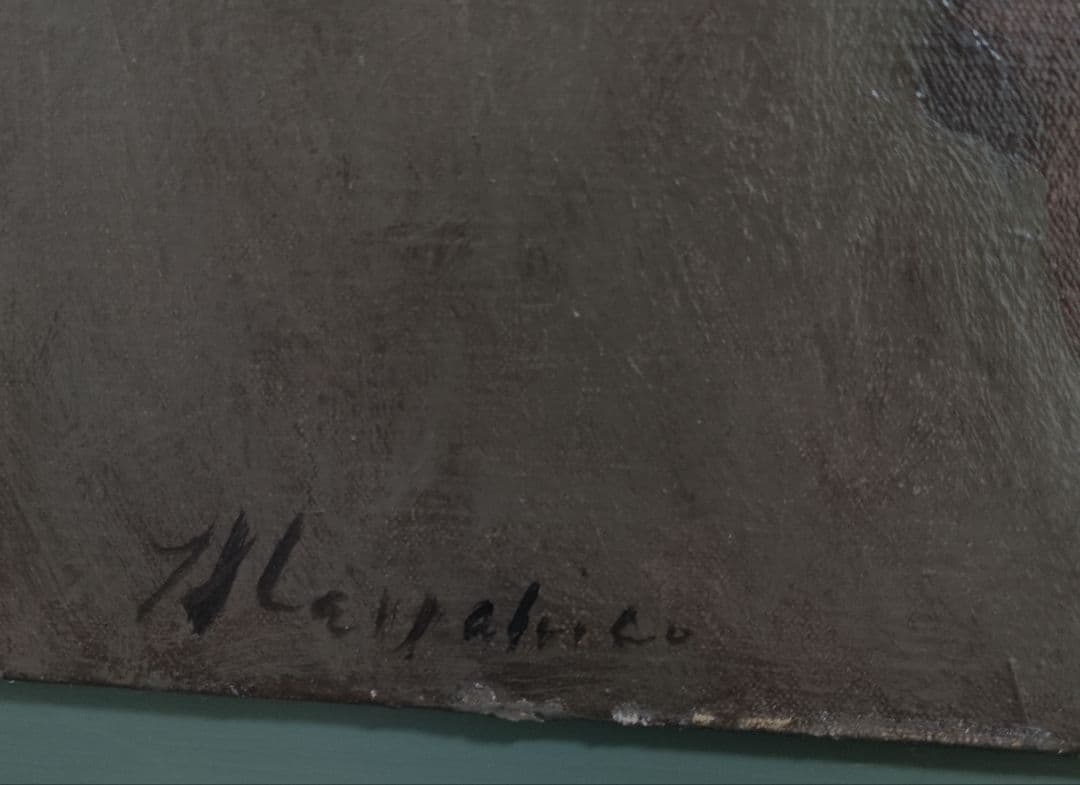 油彩 岩島雅彦 　絵画　アンティーク　金装飾額　少女　人形　油絵