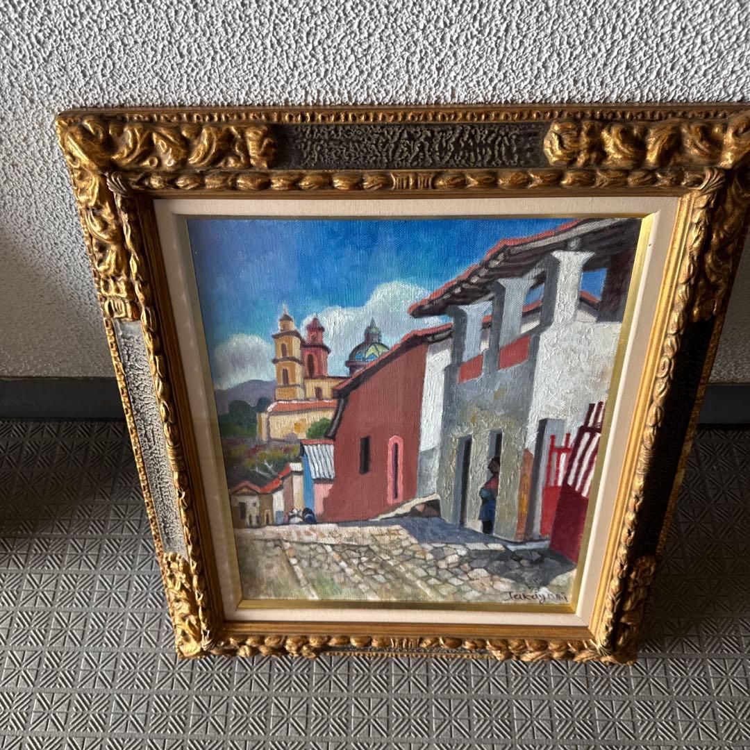 テカルプルコ村　風景油彩。伊藤高義。 直筆サイン入り。