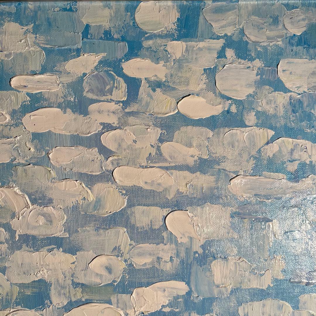 手書き油絵 スカイブルー 額付 肉筆絵画 インテリア 油彩画