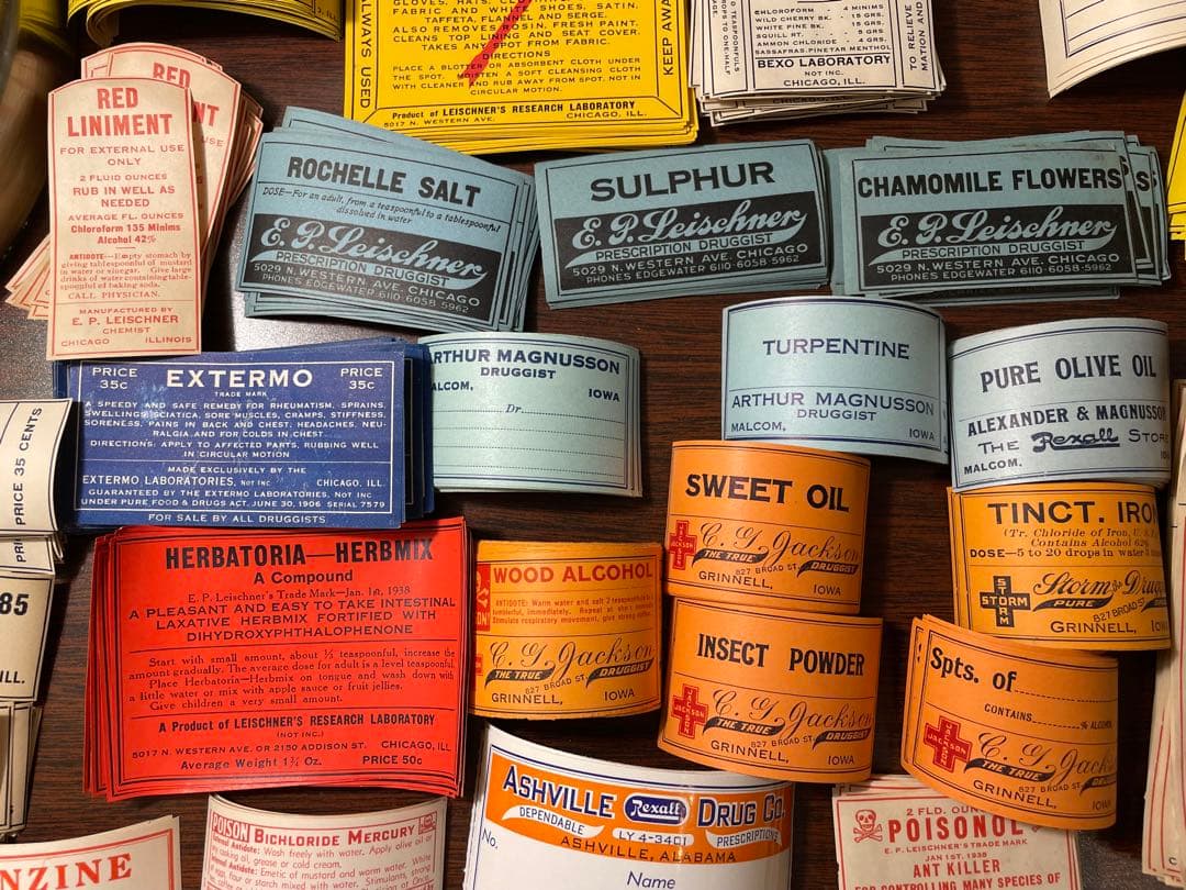 海外　ファーマシーラベル　54種各一枚計54枚　➕薬袋一枚　ヴィンテージ　ラベル