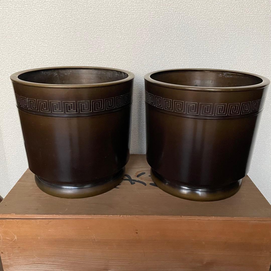 火鉢 一対（2点）木箱付 金属製 昭和レトロ 古道具 茶道具 和インテリア