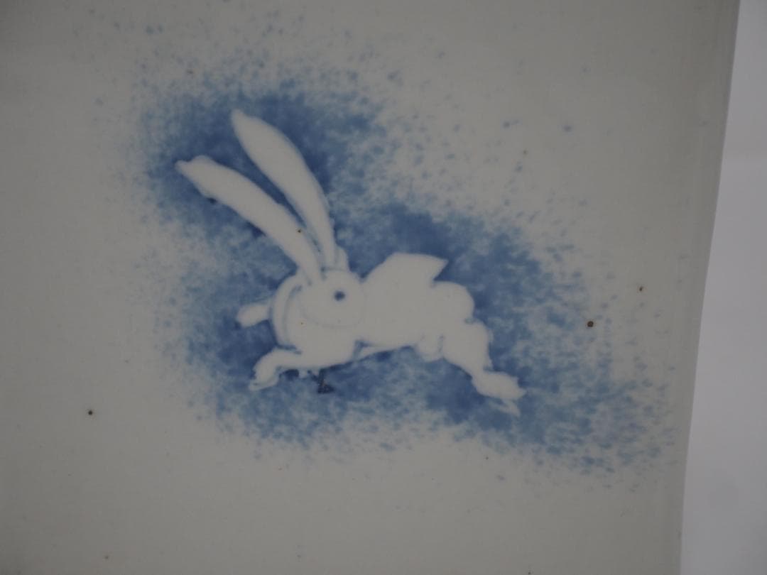 染付兎文白磁徳利　角瓶　李朝　「月夜のうさぎ」　漢詩　-SO