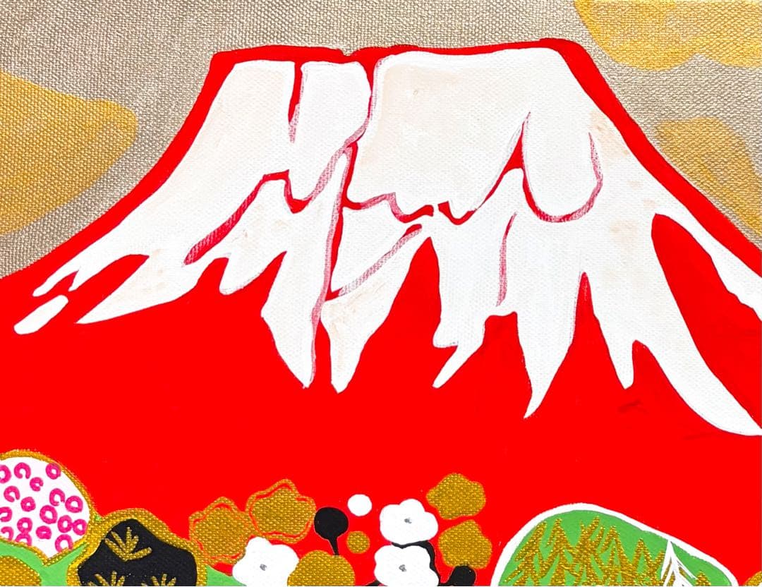 【F4号】手描き油彩　片岡球子　富士に献花　赤富士　額縁　未使用額　サイン　落款