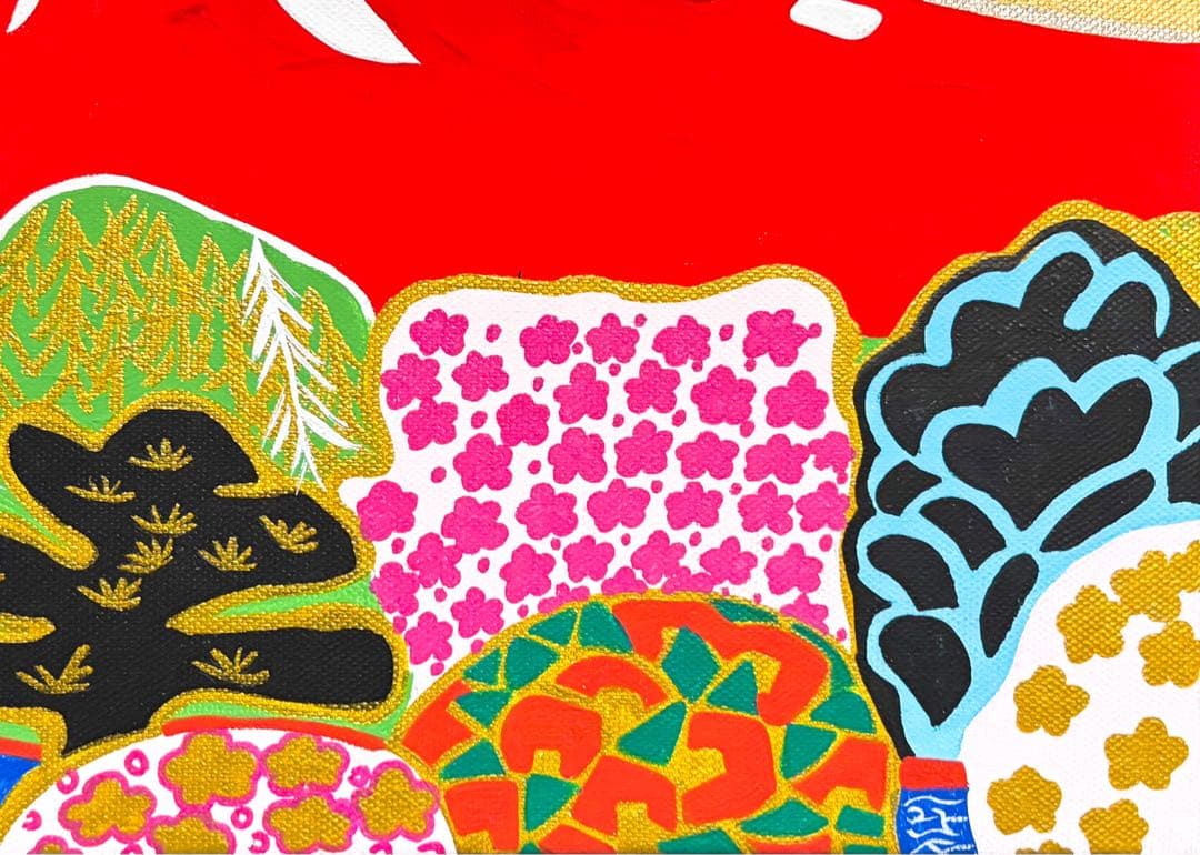 【F4号】手描き油彩　片岡球子　富士に献花　赤富士　額縁　未使用額　サイン　落款