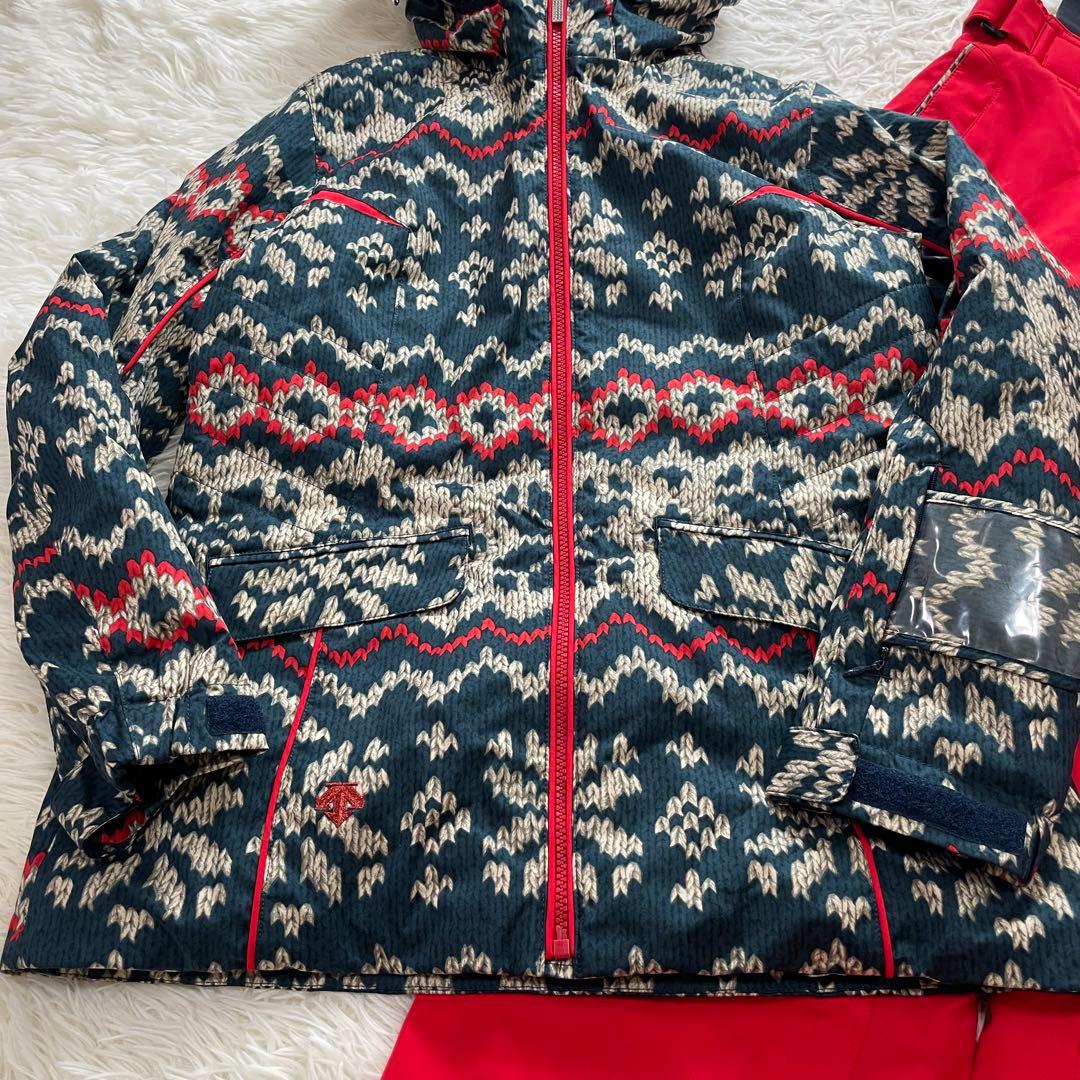 お洒落✨デサント スキーウェア セット 上下 M ニット柄 レディース 赤 緑