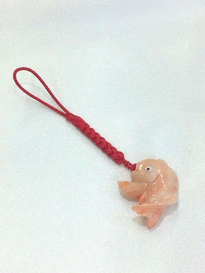 珊瑚根付け☆鯛☆ストラップ☆絹糸根付け紐