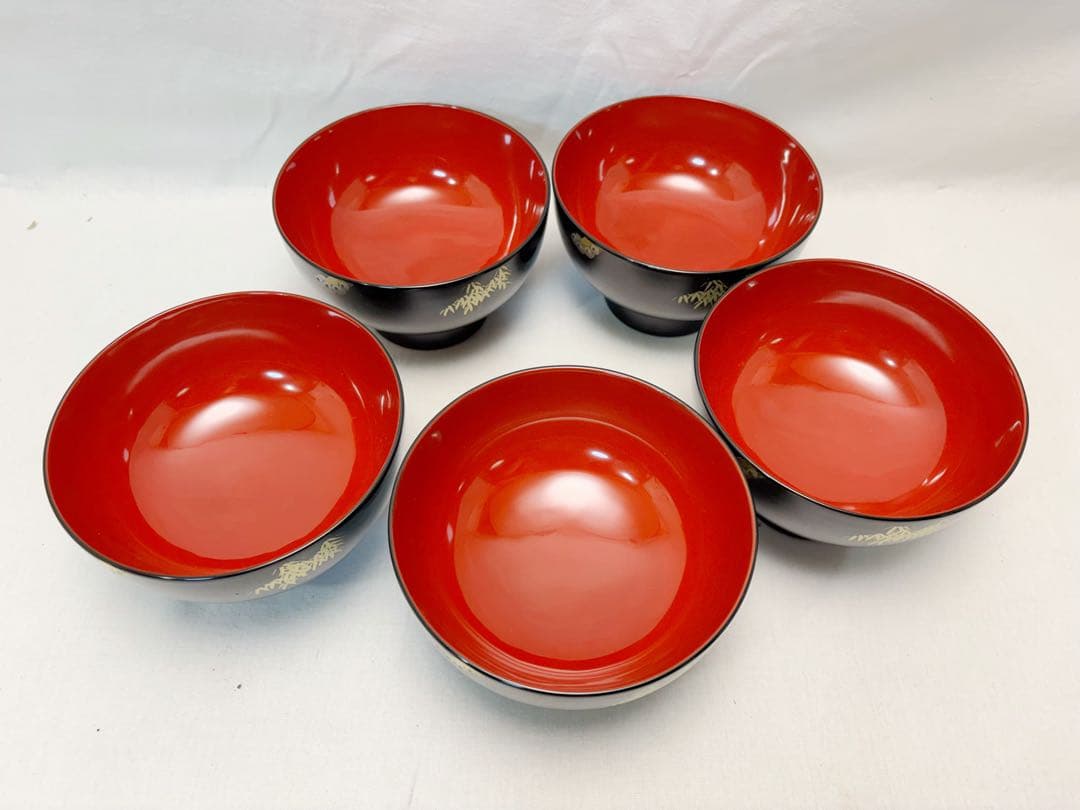 未使用 懐石道具 冨田立山作 天然木製黒真塗 寅彫漆 雑煮椀 5客揃 底刻印共箱