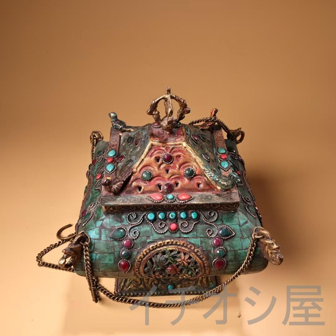 中国古美術 旧藏 西藏 仏教 銅製 吊香炉 彩绘描金 宝石嵌 藏伝工芸 古銅器